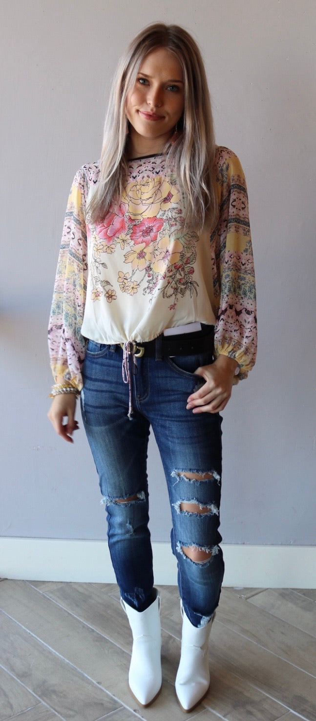 FREE PEOPLE Ivory Multi BLUE NILE Floral Print Drawstring Bottom Silk Top