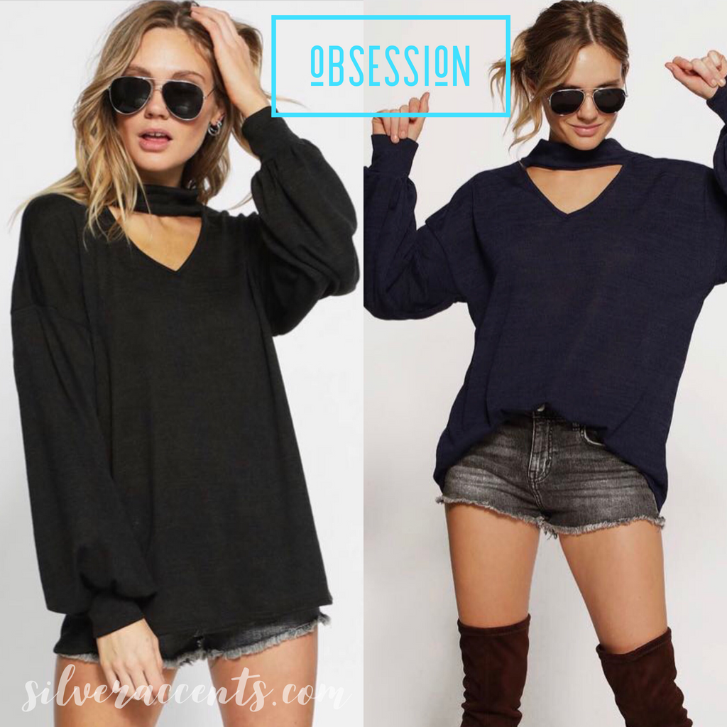 OBSESSION ChokerNeck PuffSleeve BrushKnit Top