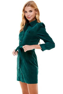 CLARITY Corduroy PuffSleeve TieWaist Dress
