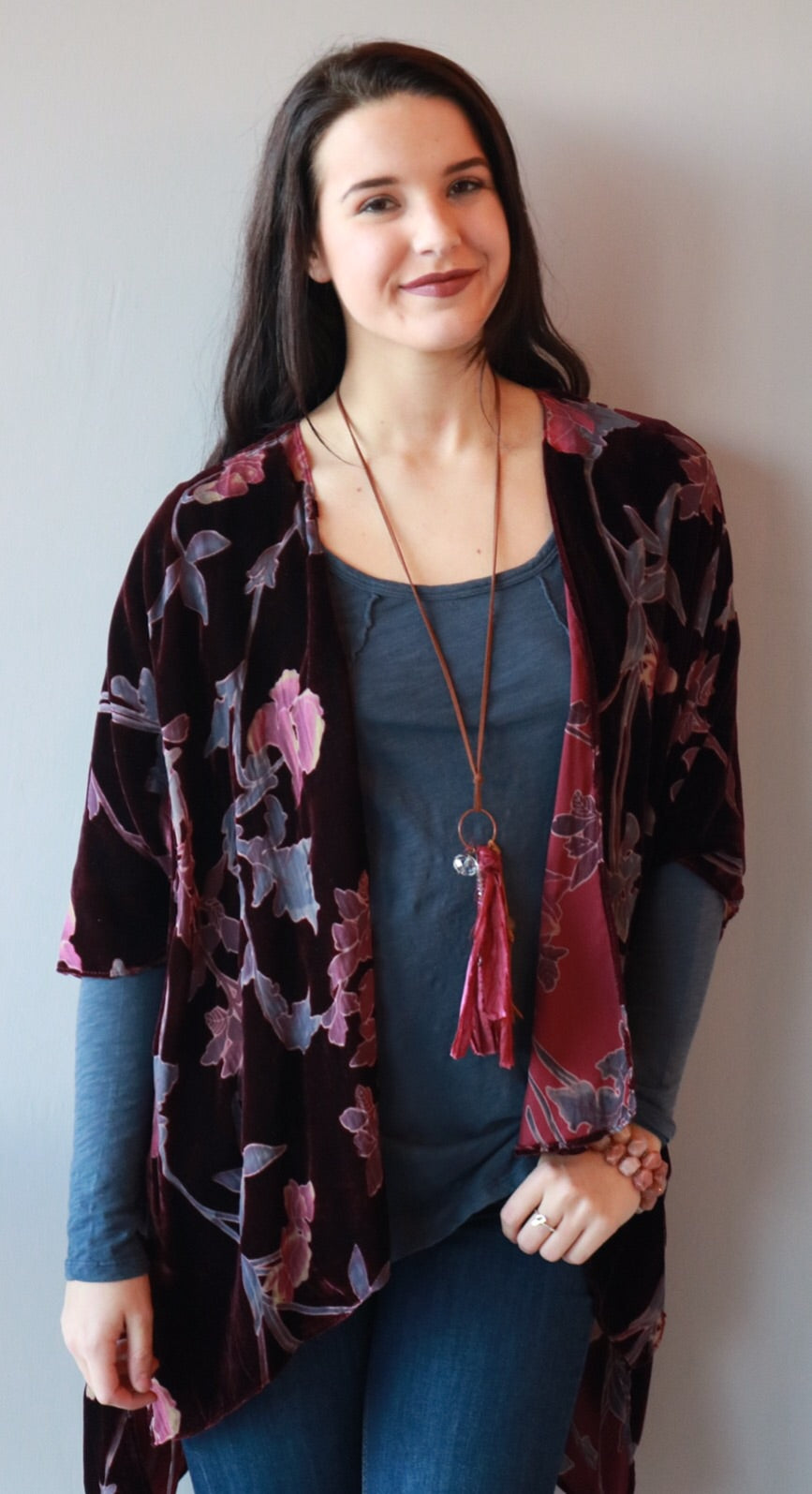 RODAN Burnout Velvet Floral Kimono Cardigan Top