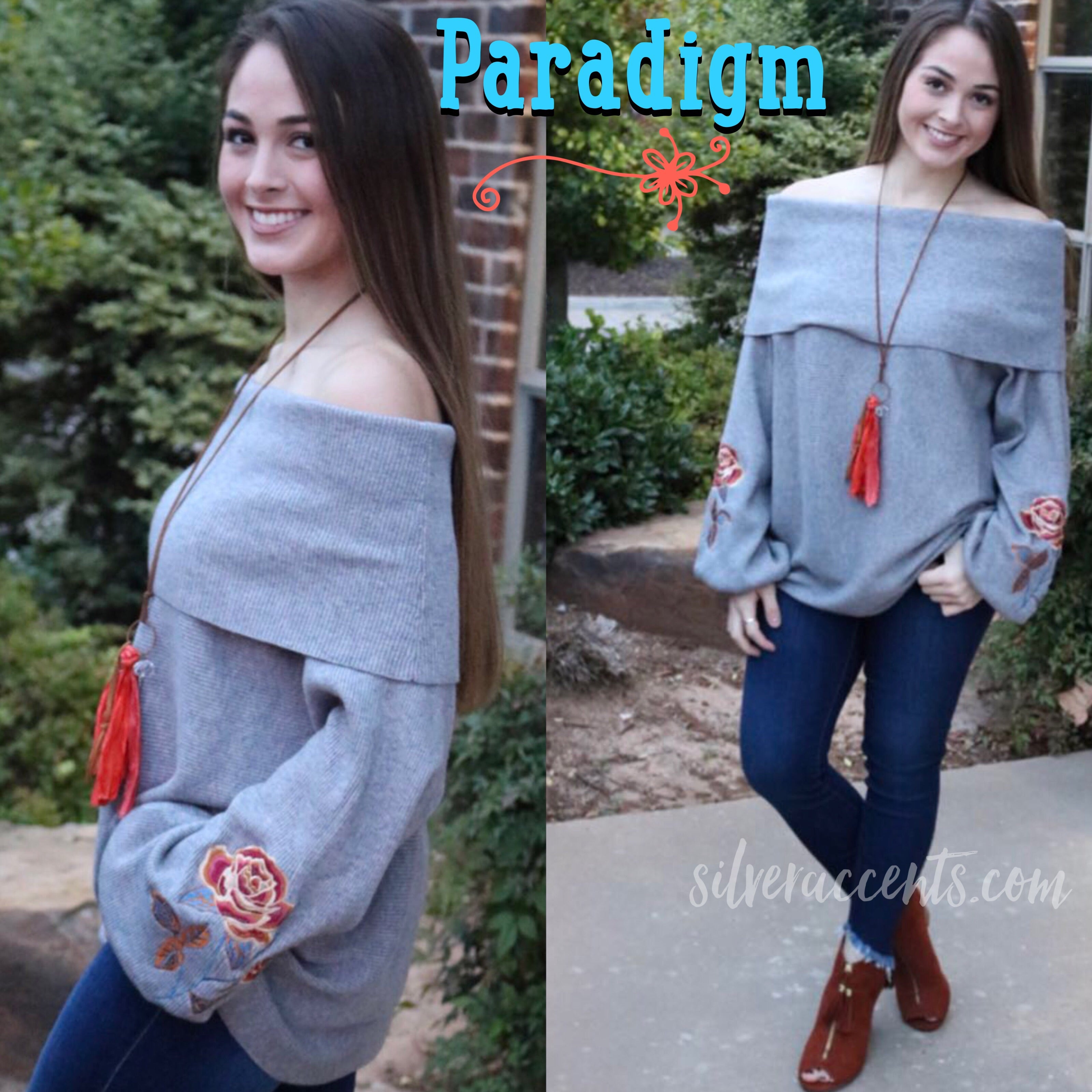 PARADIGM FoldOver OffShoulder Embroidered Floral Sleeve Sweater Tunic Top