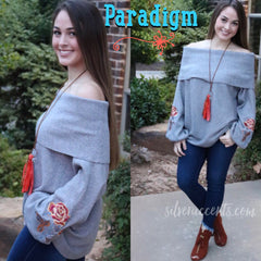 PARADIGM FoldOver OffShoulder Embroidered Floral Sleeve Sweater Tunic Top