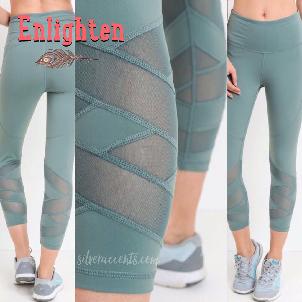 ENLIGHTEN Teal Blue Hi Waist Zig Zag Mesh Inset Crop Legging