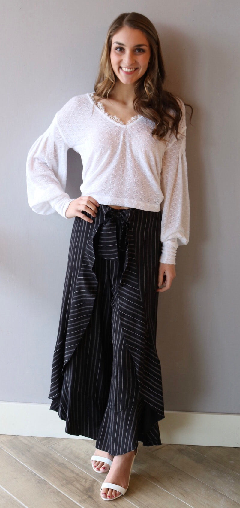 FREE PEOPLE White DREAMGIRL Pointelle V-Neck WaistCrop Knit Top