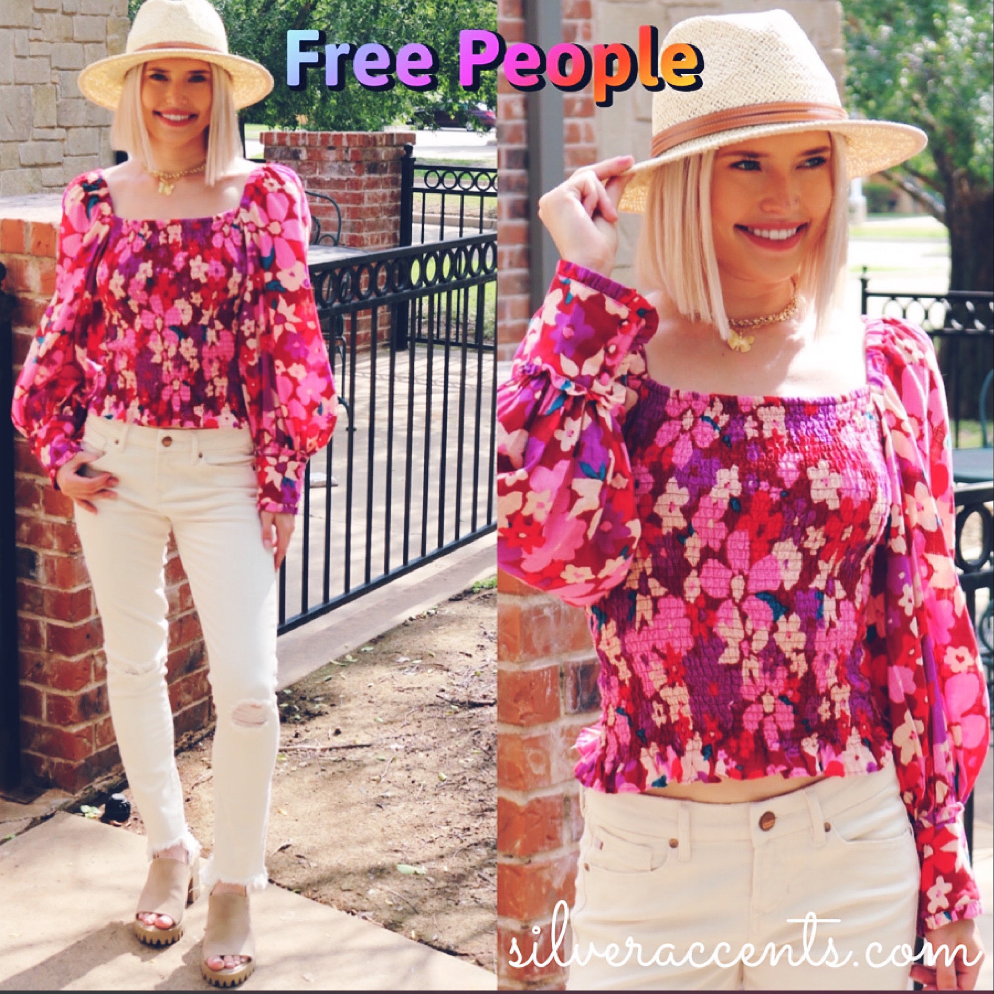FREE PEOPLE Floral ARIANA SmockBodice PuffSleeve Top