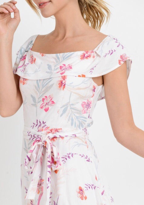 PAPER CRANE Floral HAVEN Ruffled OffShoulder TieWaist Dress