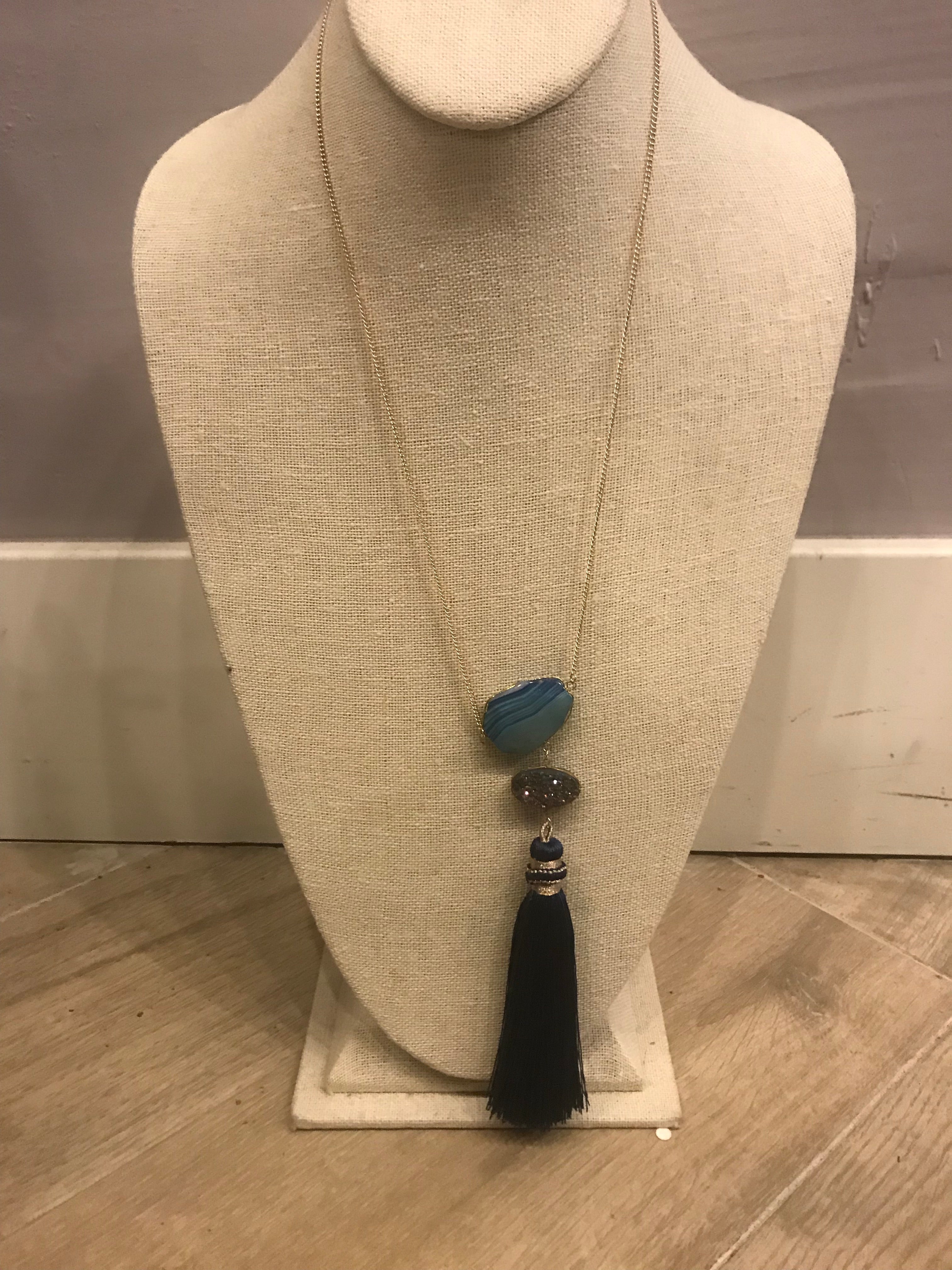 Druzy Stone and Blue Tassel Necklace