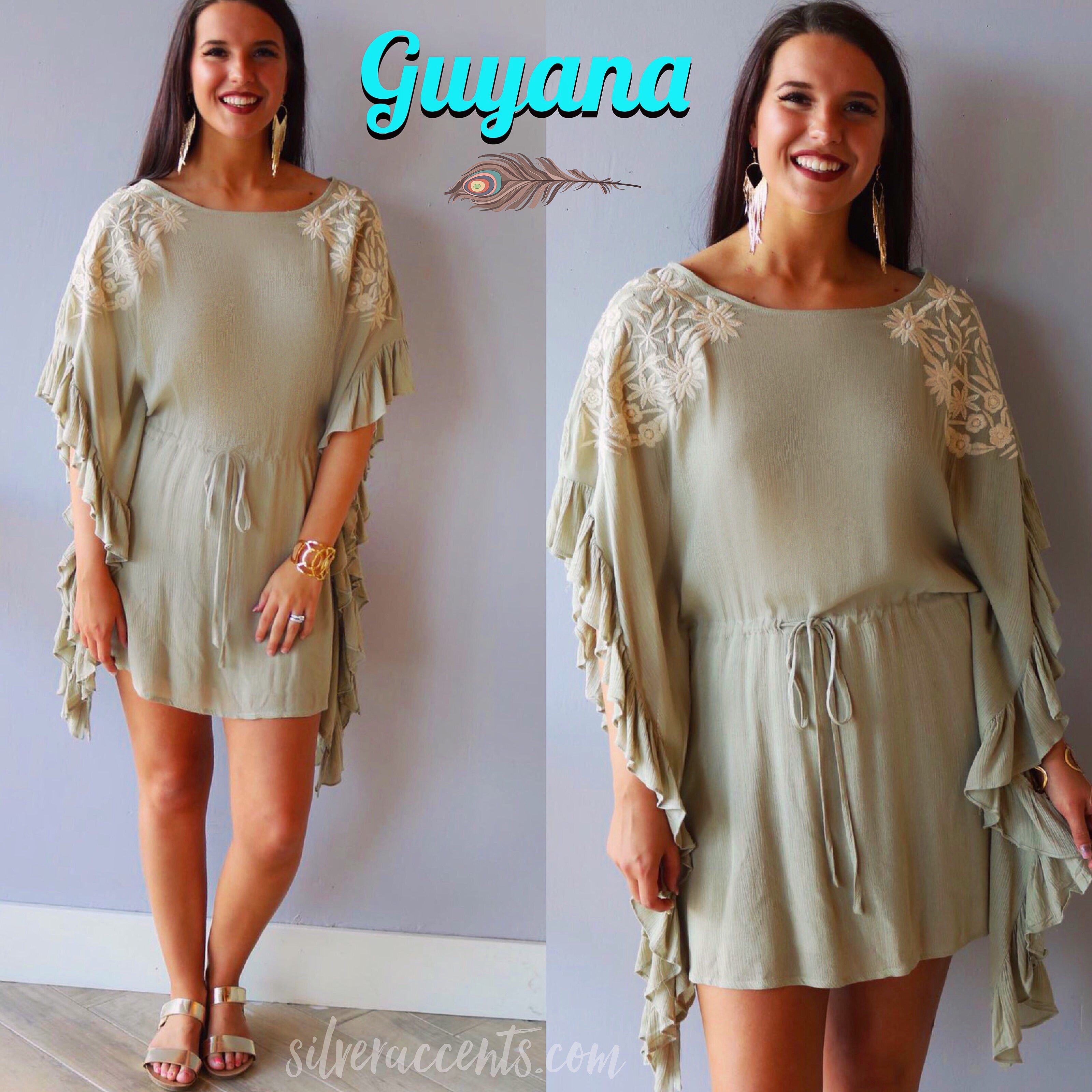 Taupe GUYANA Embroidered Ruffle Caftan Dress