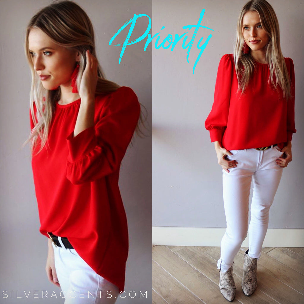 PRIORITY CuffSleeve Shirred Neck Woven Top
