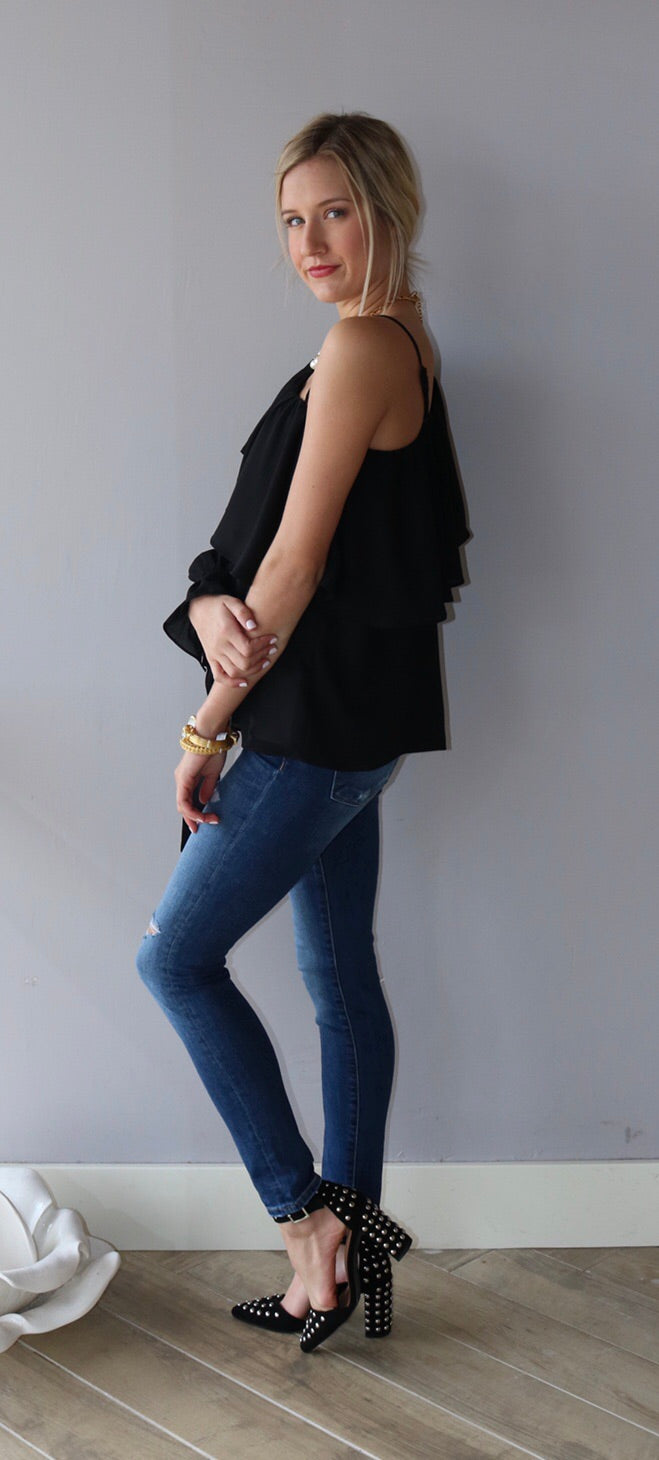 SEIGEL Ruffled OneShoulder TieSleeve MatteSatin Top