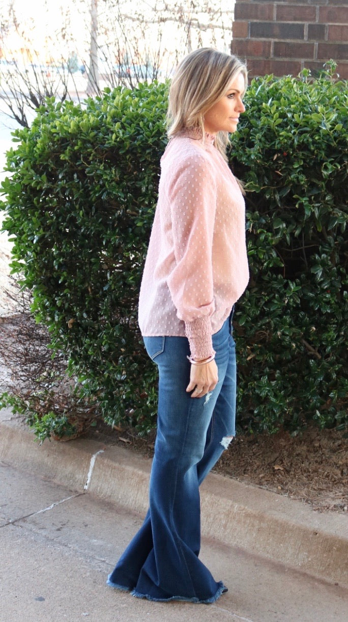 FOR KEEPS SwissDot Smocked Chiffon MockNeck Top
