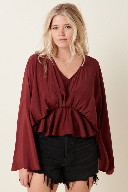 Restricted V-Neck Kimono Sleeve Top