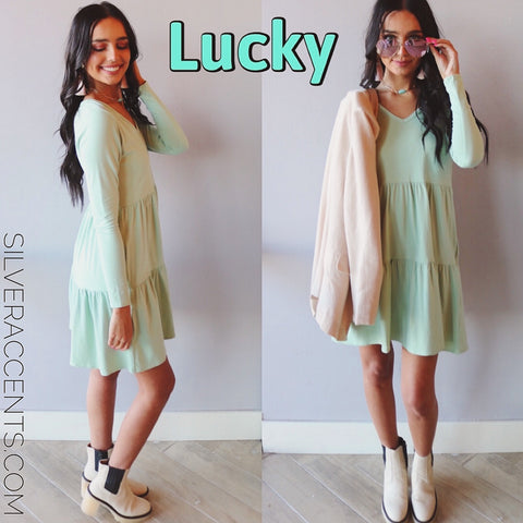 *2 Hearts LUCKY Tiered Jersey V-Neck Dress