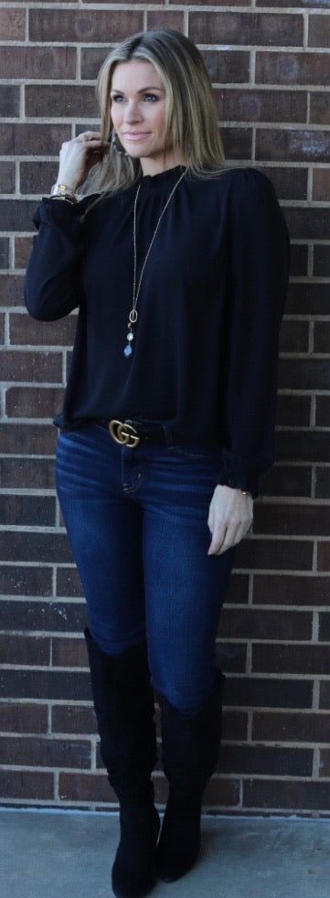 Main Strip PERSPECTIVE Ruffle HiNeck/Sleeve Chiffon Top