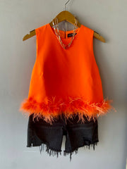 *ALICIA Feather Trim Sleeveless Top