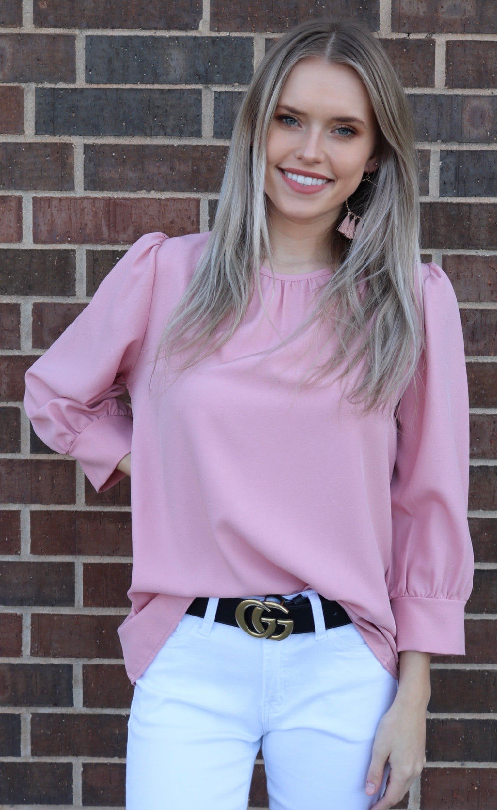 PRIORITY CuffSleeve Shirred Neck Woven Top