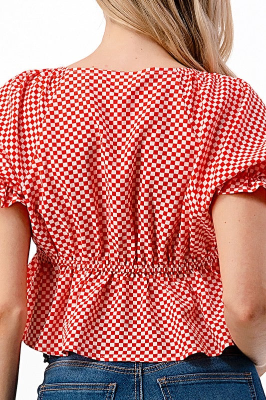 *TAILGATE Check TieFront V-Neck PuffSleeve Top