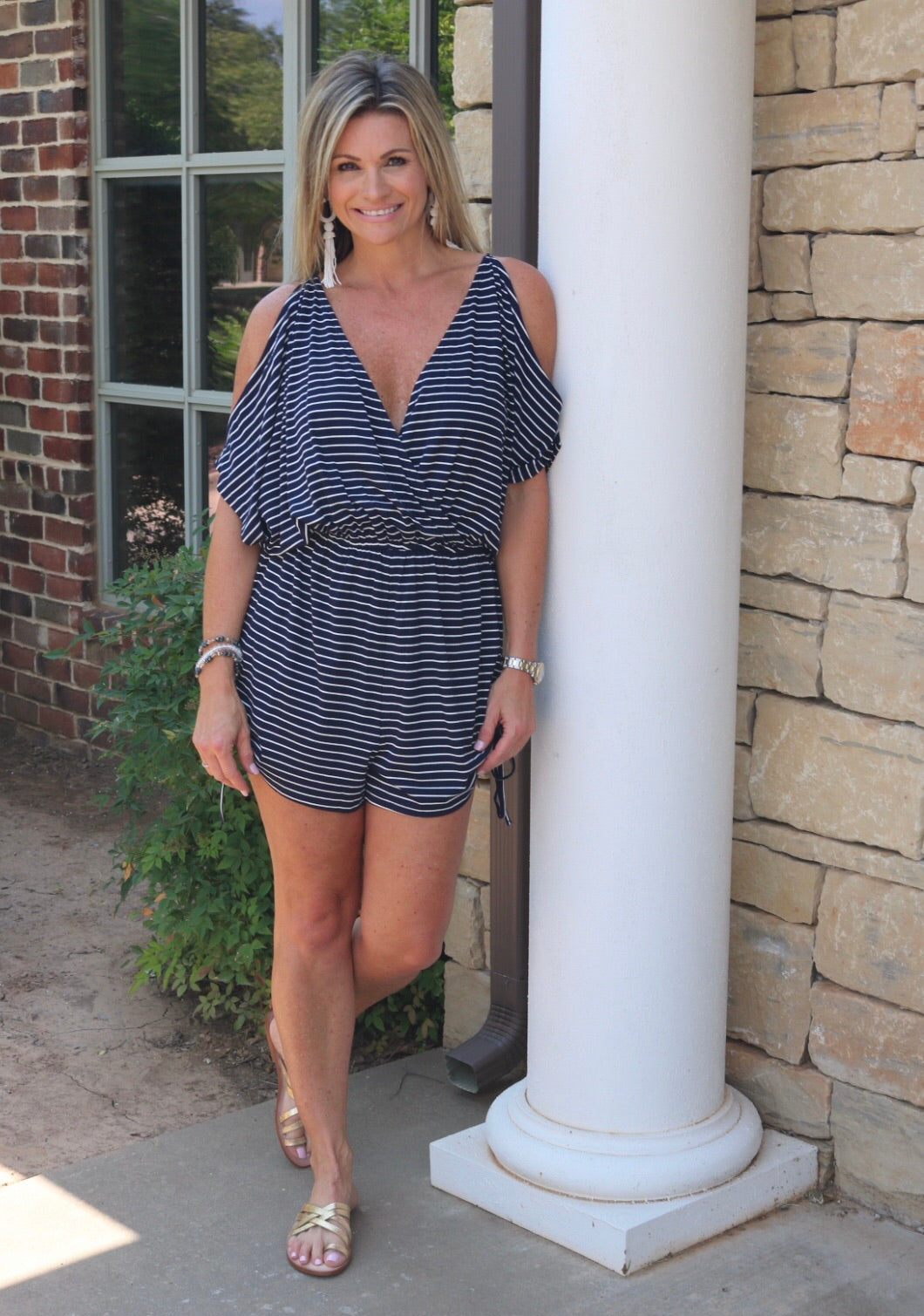 UNITED Stripe ColdShoulder Rouched TieHem/Waist Short Romper