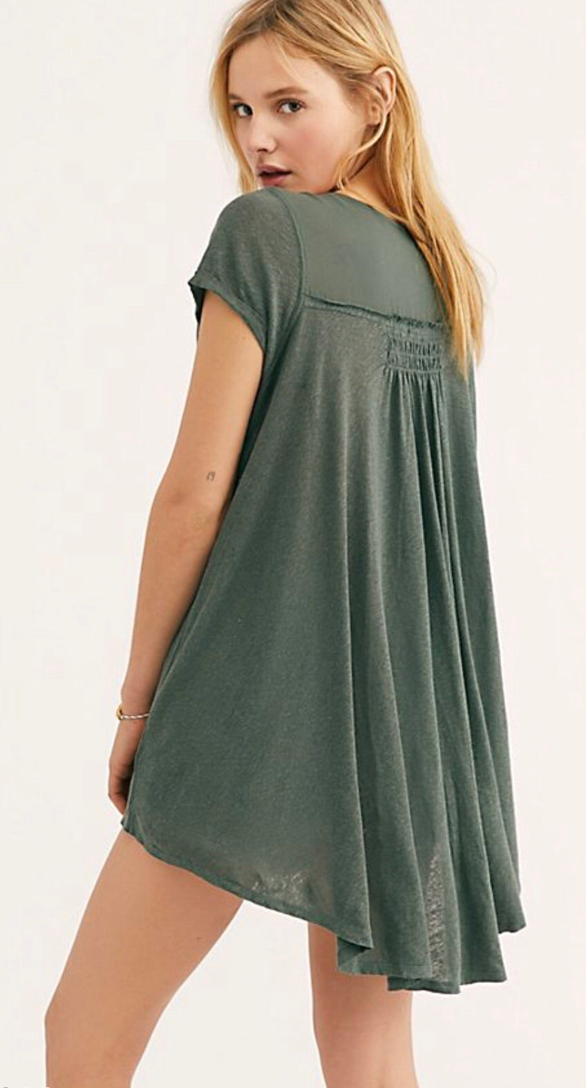 FREE PEOPLE Army HIGHLAND ButtonFront Smocked HiLo Tee Top