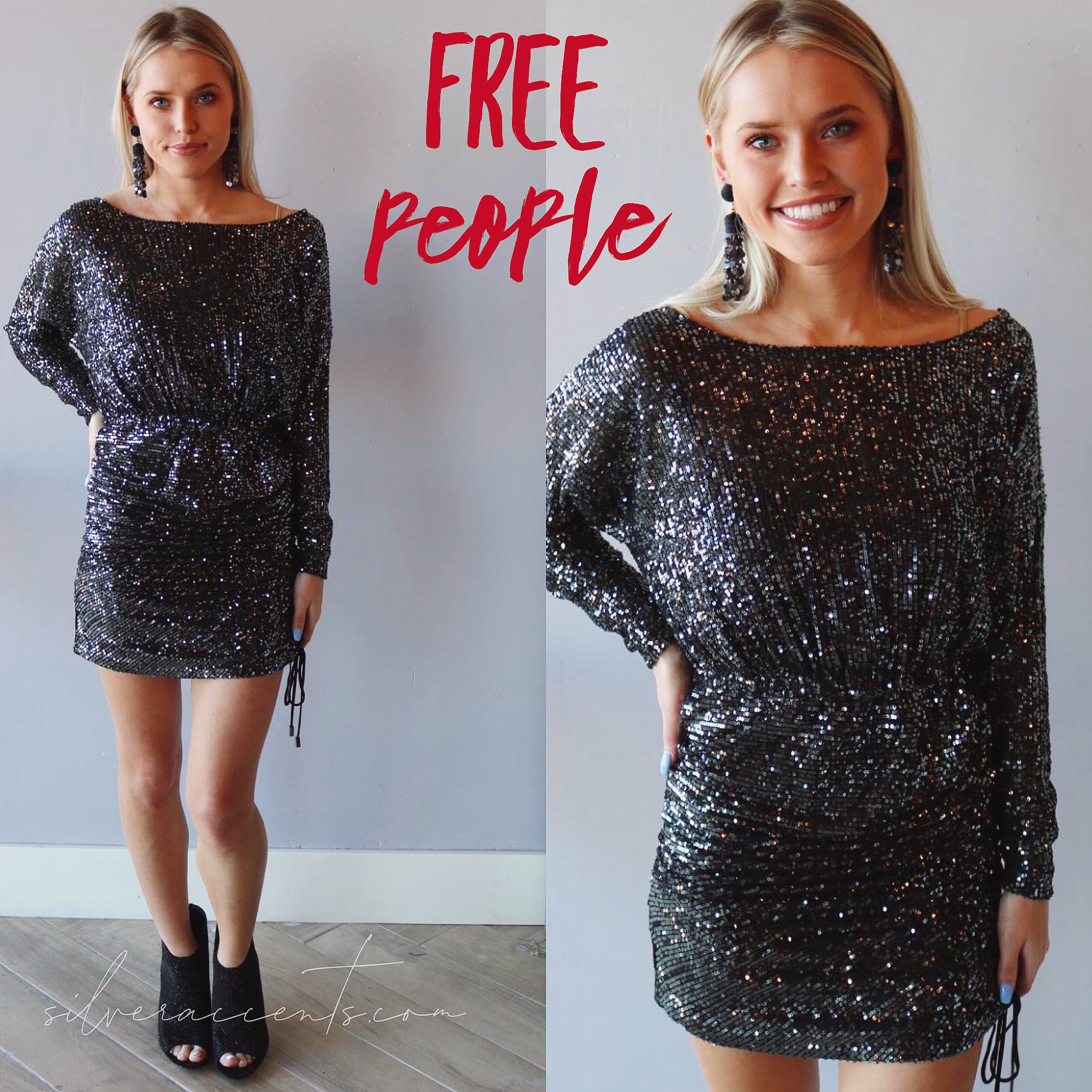 FREE PEOPLE Sequin GISELLE Drawstring RoucheHem Mini Dress