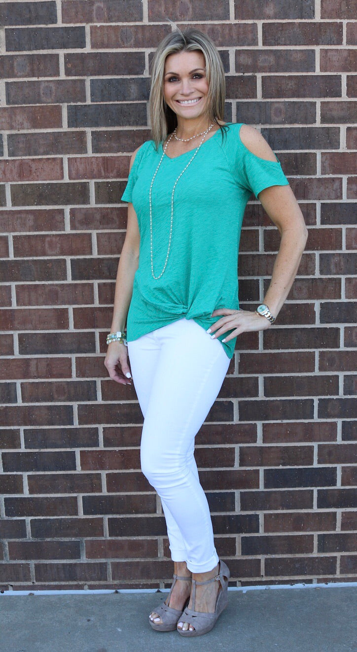 *BOBI ColdShoulder WORTH IT TwistBottom Slub Jersey Tee Top