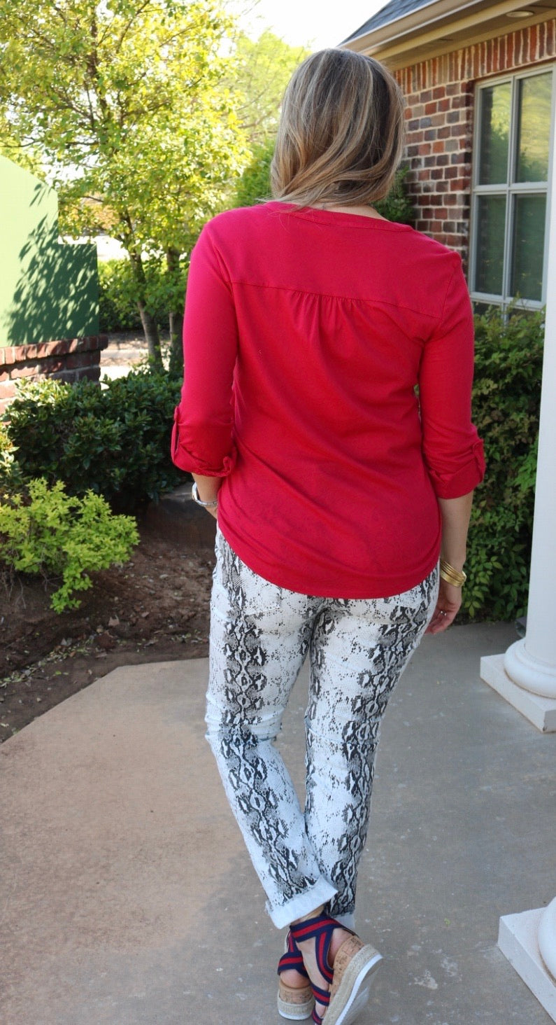 BOBI Crimson CLARITY Shirred Button HenleyNeck Jersey Top