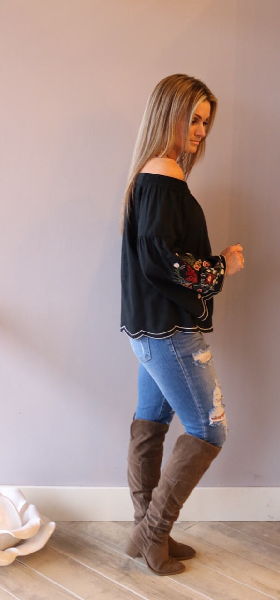 HARBOR Floral Embroidered OffShoulder ScallopHem Top