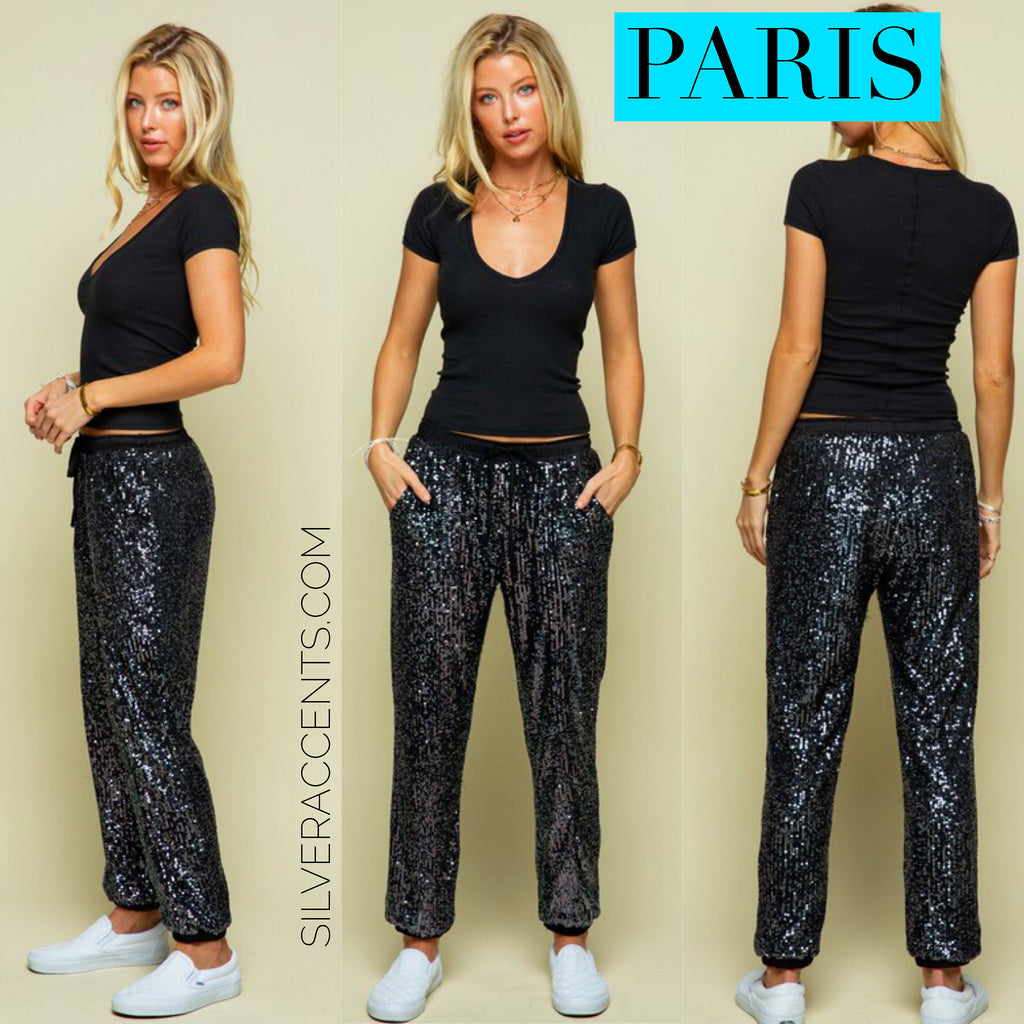 PARIS Sequin Jogger Pants – Silver Accents