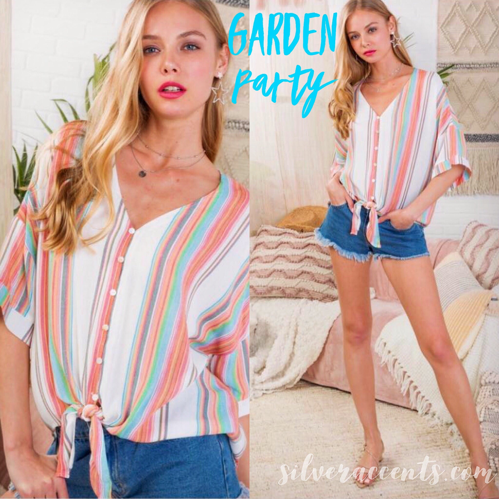 GARDEN PARTY Stripe ButtonDown TieBottom Woven Top
