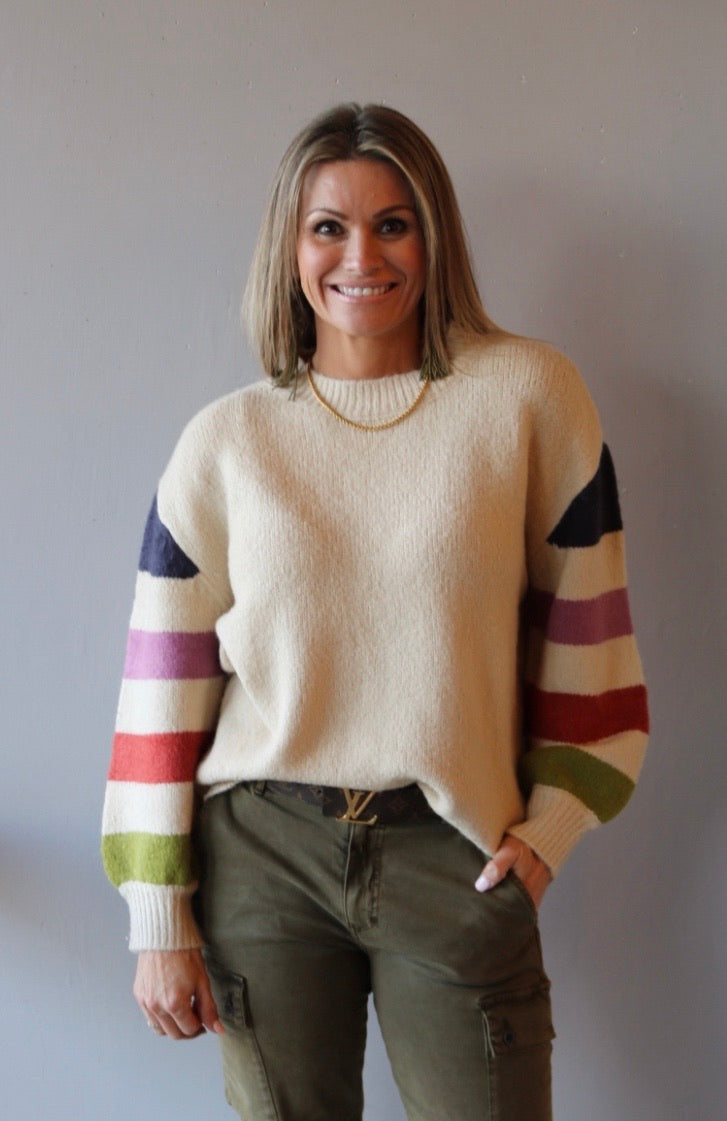 Lush ELECT Stripe Balloon Sleeve  Crew Neck Sweater