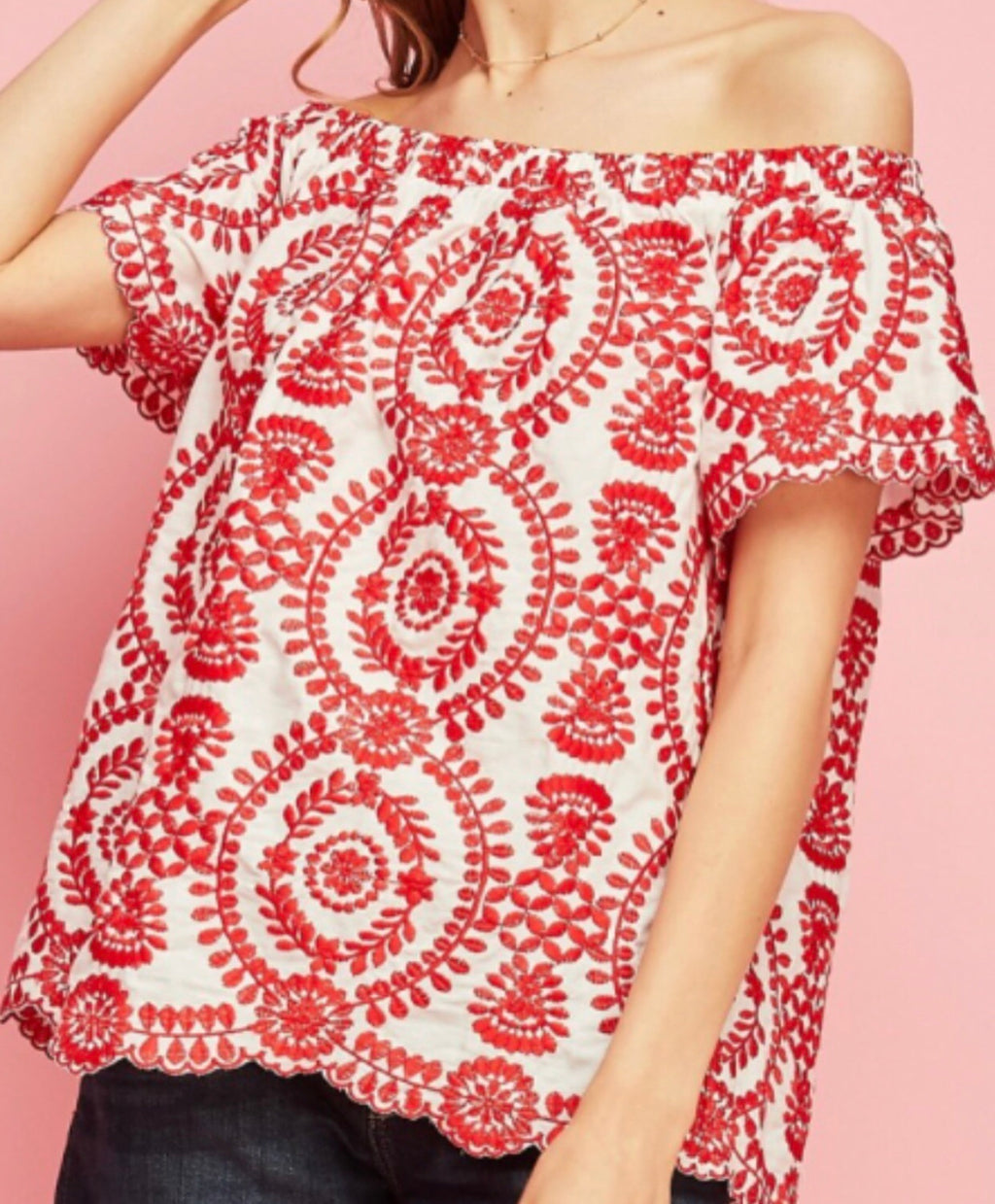 ARETHA Embroidered Ruffle Off Shoulder Top
