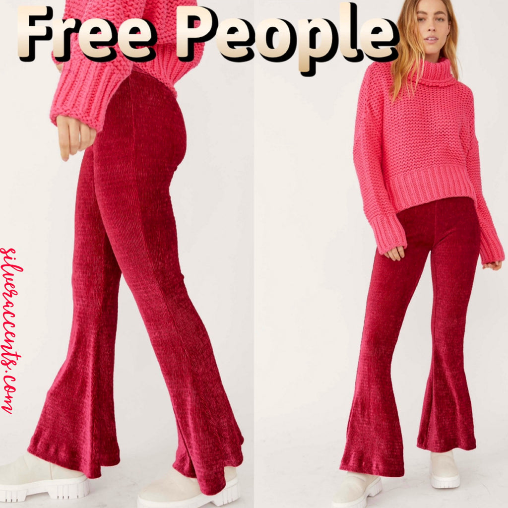 FREE PEOPLE Velvet SO CHARMING Ribbed Pullon Flare Pant – Silver