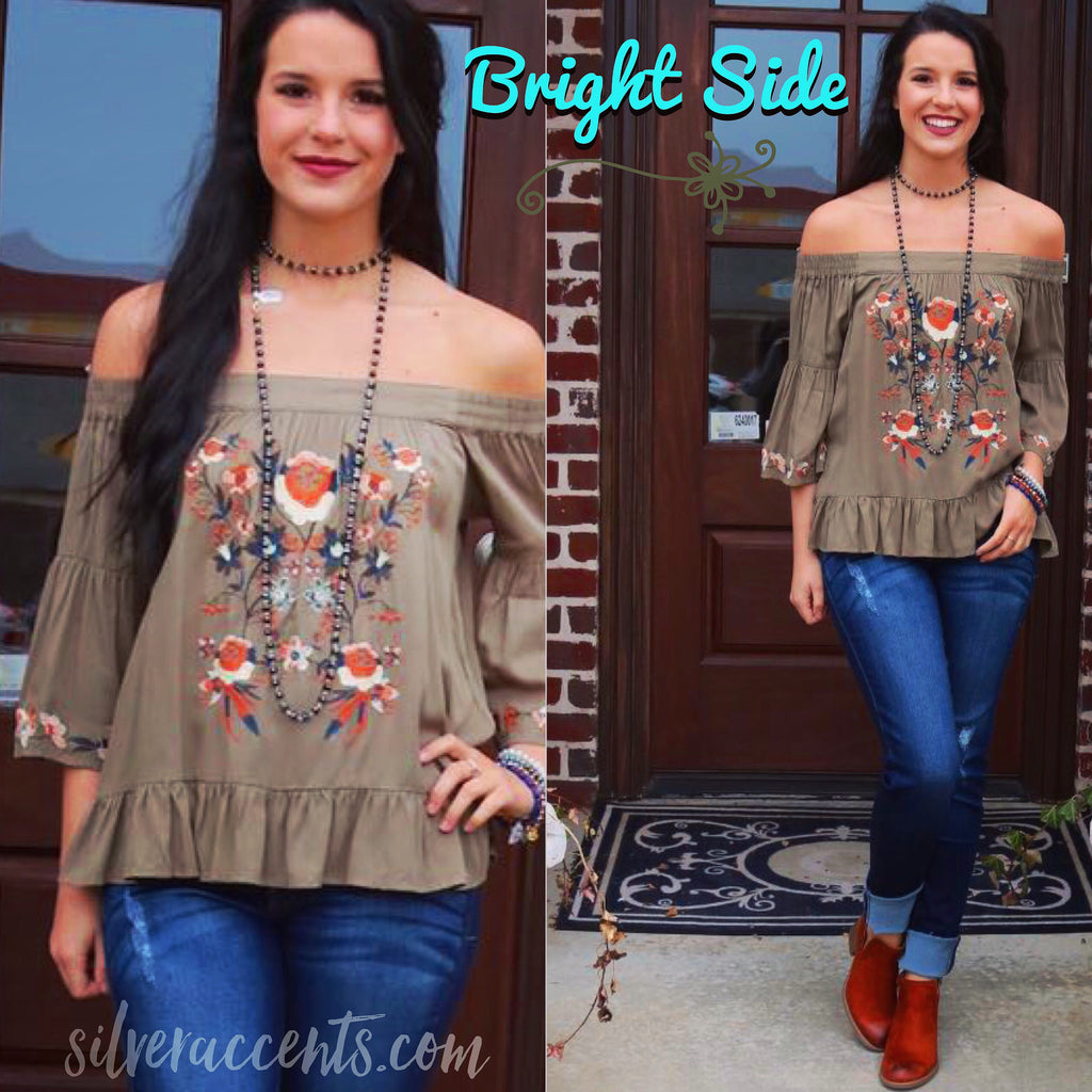 BRIGHT SIDE Embroidered Floral OffShoulder RuffleHem Top