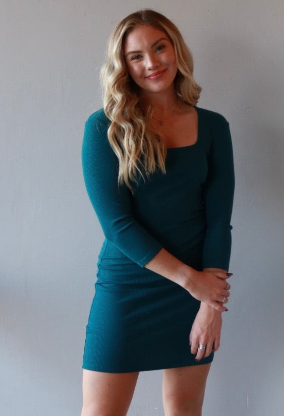 *BOBI SquareNeck STANCE 3/4 Sleeve RibKnit Dress