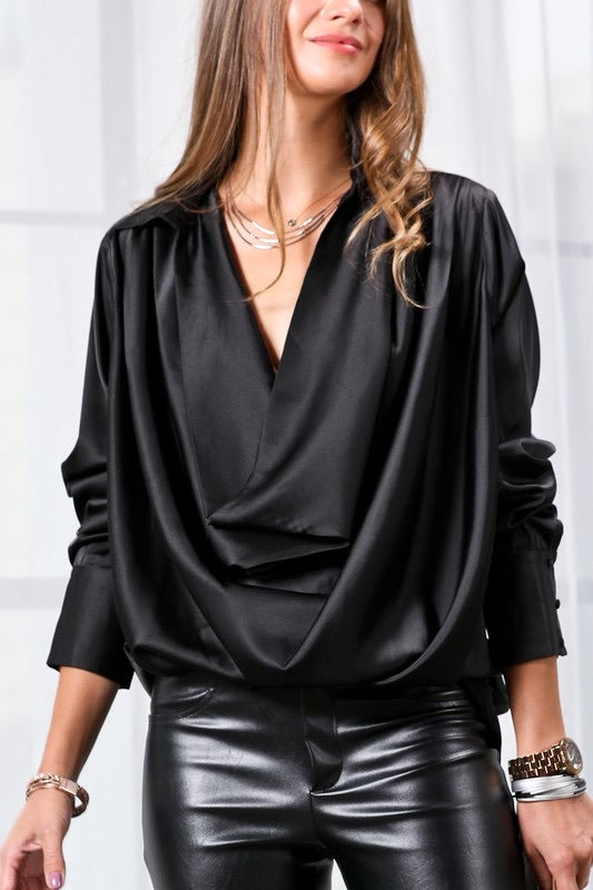 BRAZEN Collared Cowl~Neck Satin Top