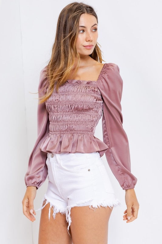 BRIDGERTON SquareNeck Shirred PuffSleeve Satin Top