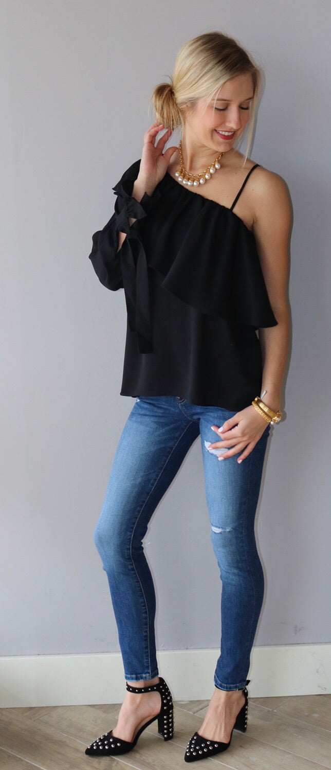 SEIGEL Ruffled OneShoulder TieSleeve MatteSatin Top