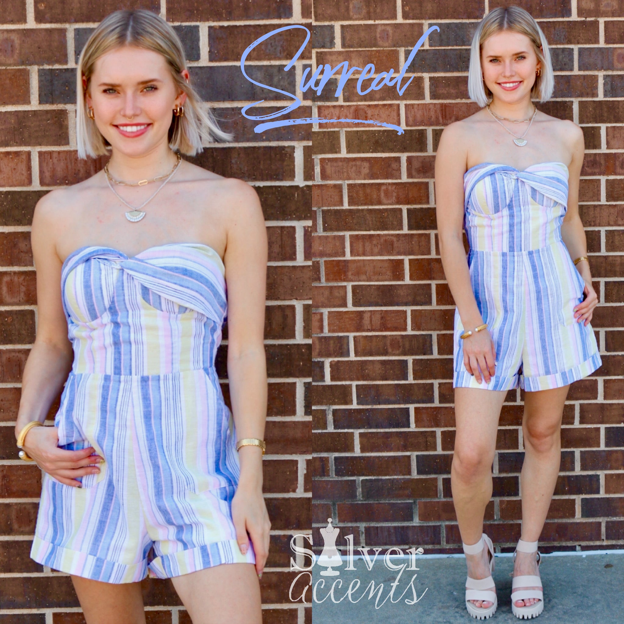 SURREAL Stripe BowFront Strapless Romper
