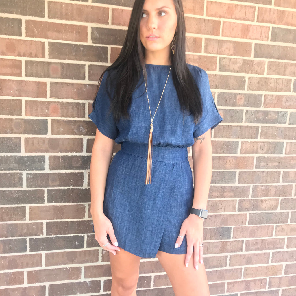 TCEC Denim FORESIGHT Slit Sleeve Faux Wrap Short Romper