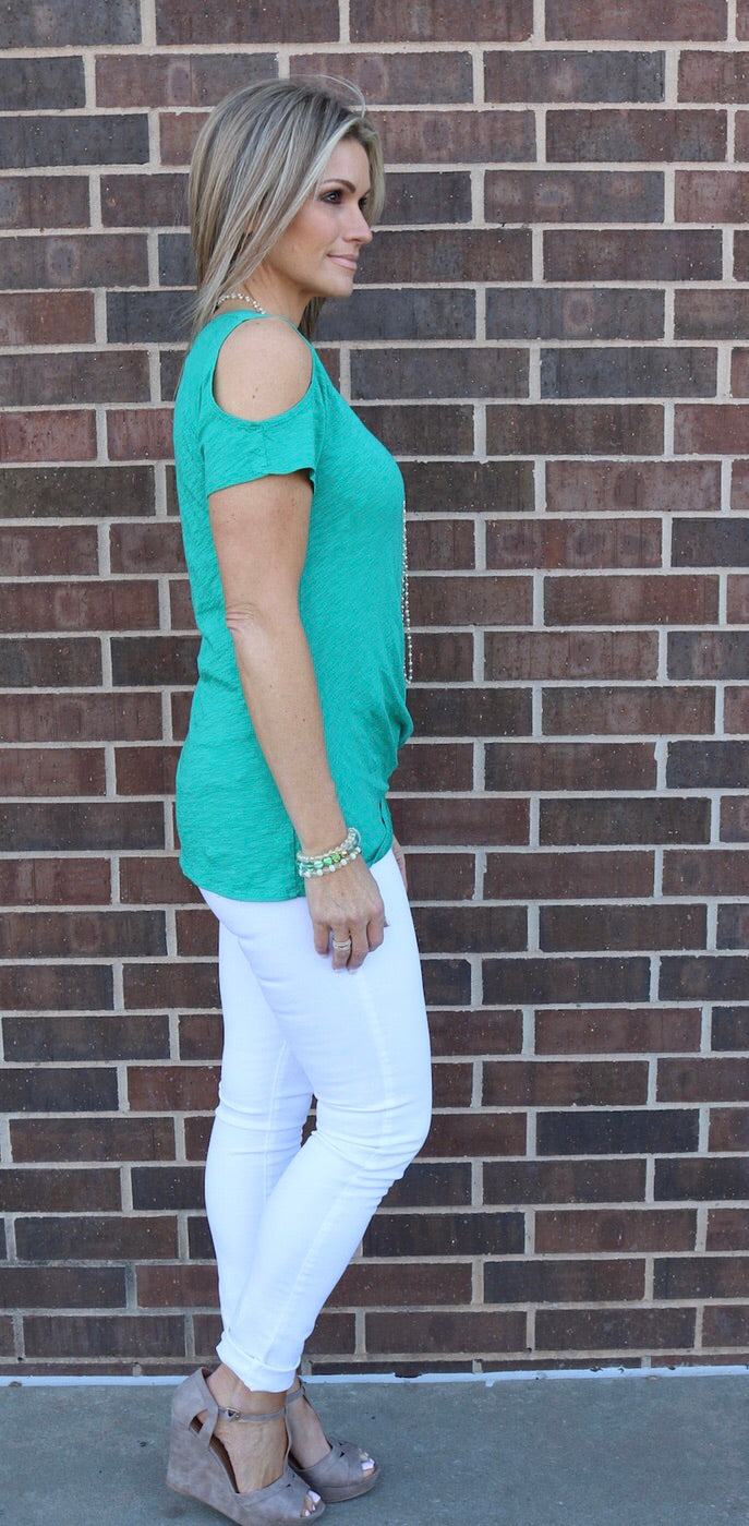 *BOBI ColdShoulder WORTH IT TwistBottom Slub Jersey Tee Top