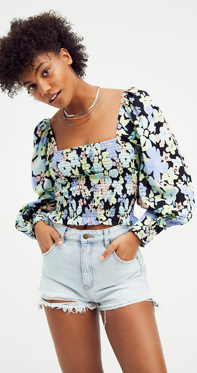FREE PEOPLE Floral ARIANA SmockBodice PuffSleeve Top