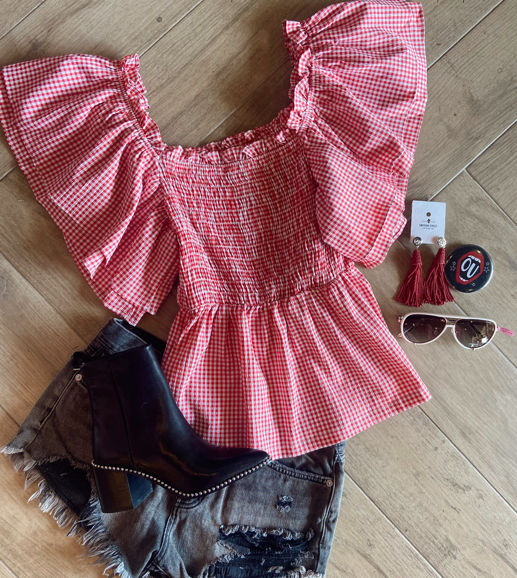 PLAYOFF Gingham Plaid Off-Shoulder Top