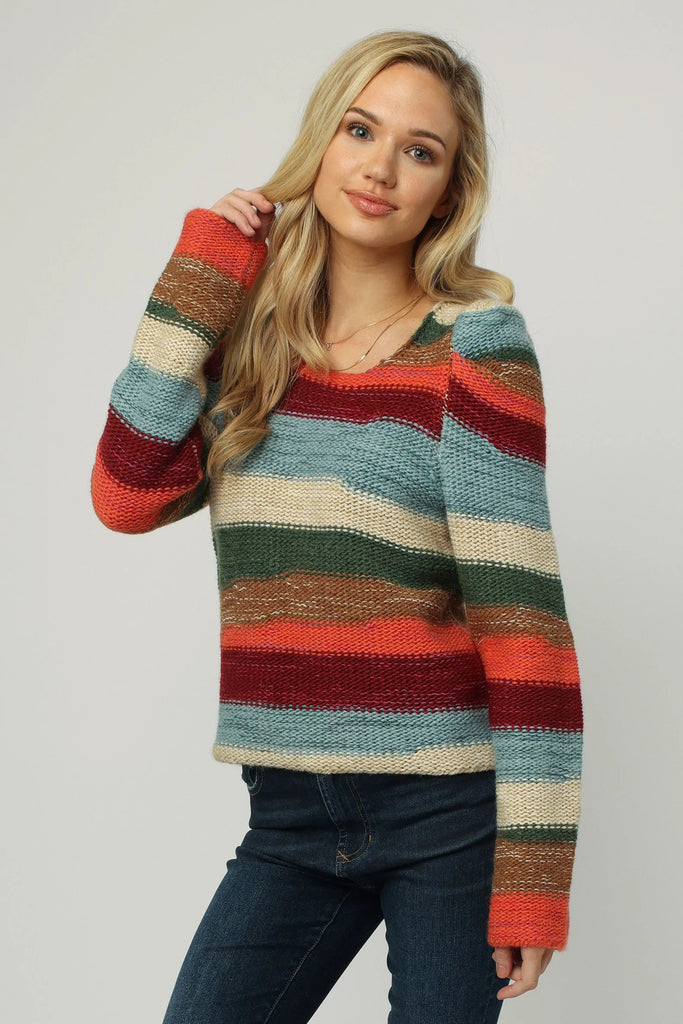 *DEAR JOHN Striped LEAH Puff Sleeve CrewNeck Sweater