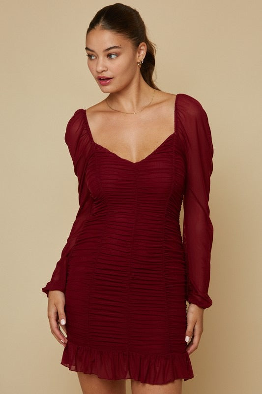 *DECLAN Ruched Mesh Ruffle Hem Dress