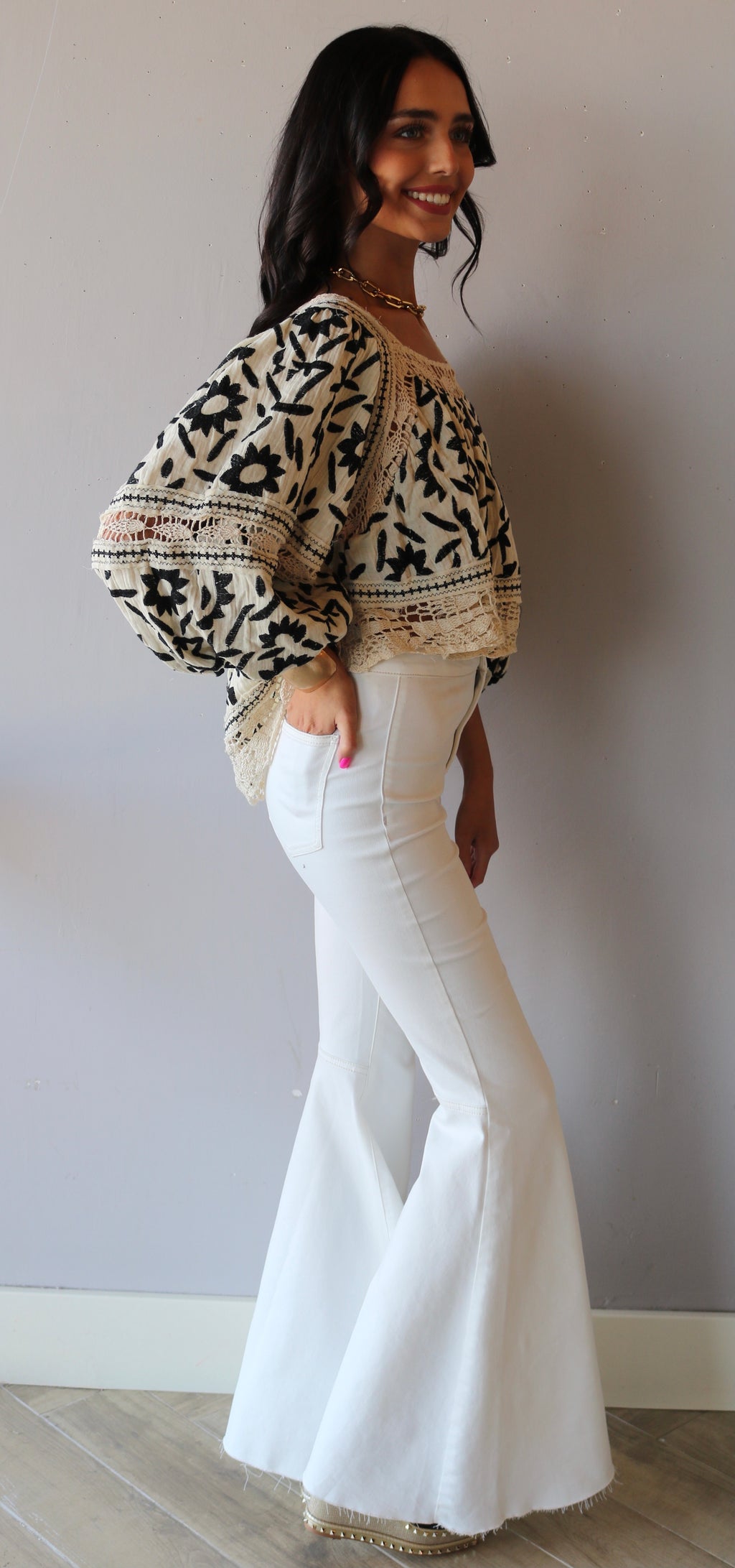 FREE PEOPLE Embroidered SOLEIL SquareNeck BalloonSleeve Top