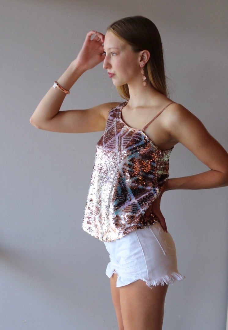 FREE PEOPLE One Shoulder DISCO FEVER Sequin Tank Top