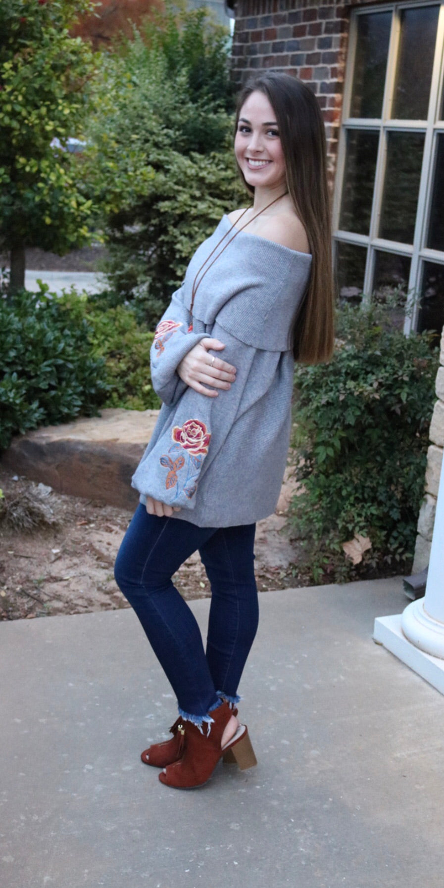 PARADIGM FoldOver OffShoulder Embroidered Floral Sleeve Sweater Tunic Top