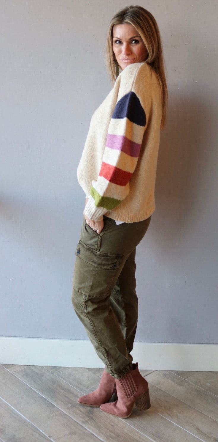 Lush ELECT Stripe Balloon Sleeve  Crew Neck Sweater