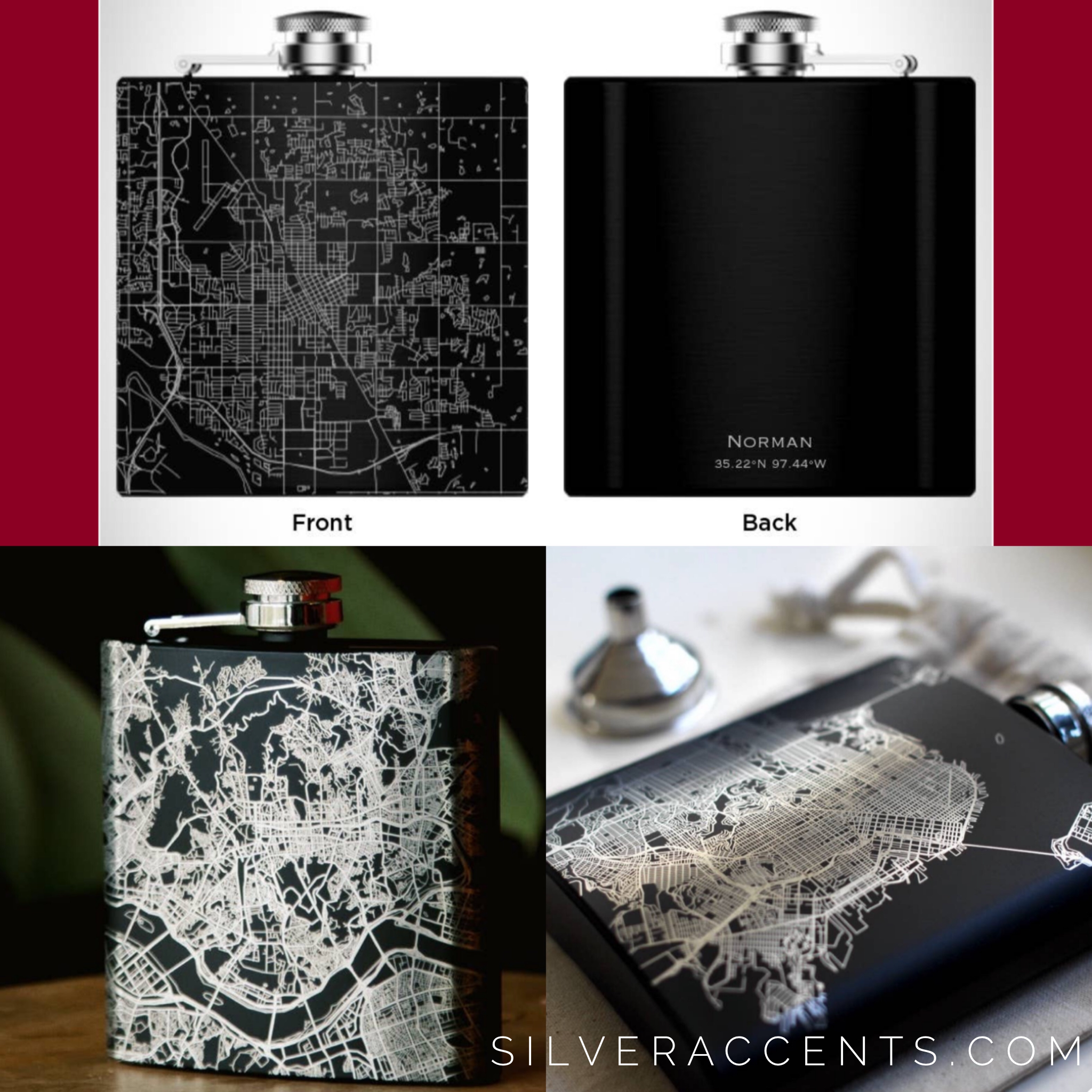 DIRECTIONS Engraved Map Hip Flask w/Funnel