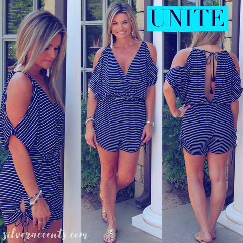 UNITED Stripe ColdShoulder Rouched TieHem/Waist Short Romper